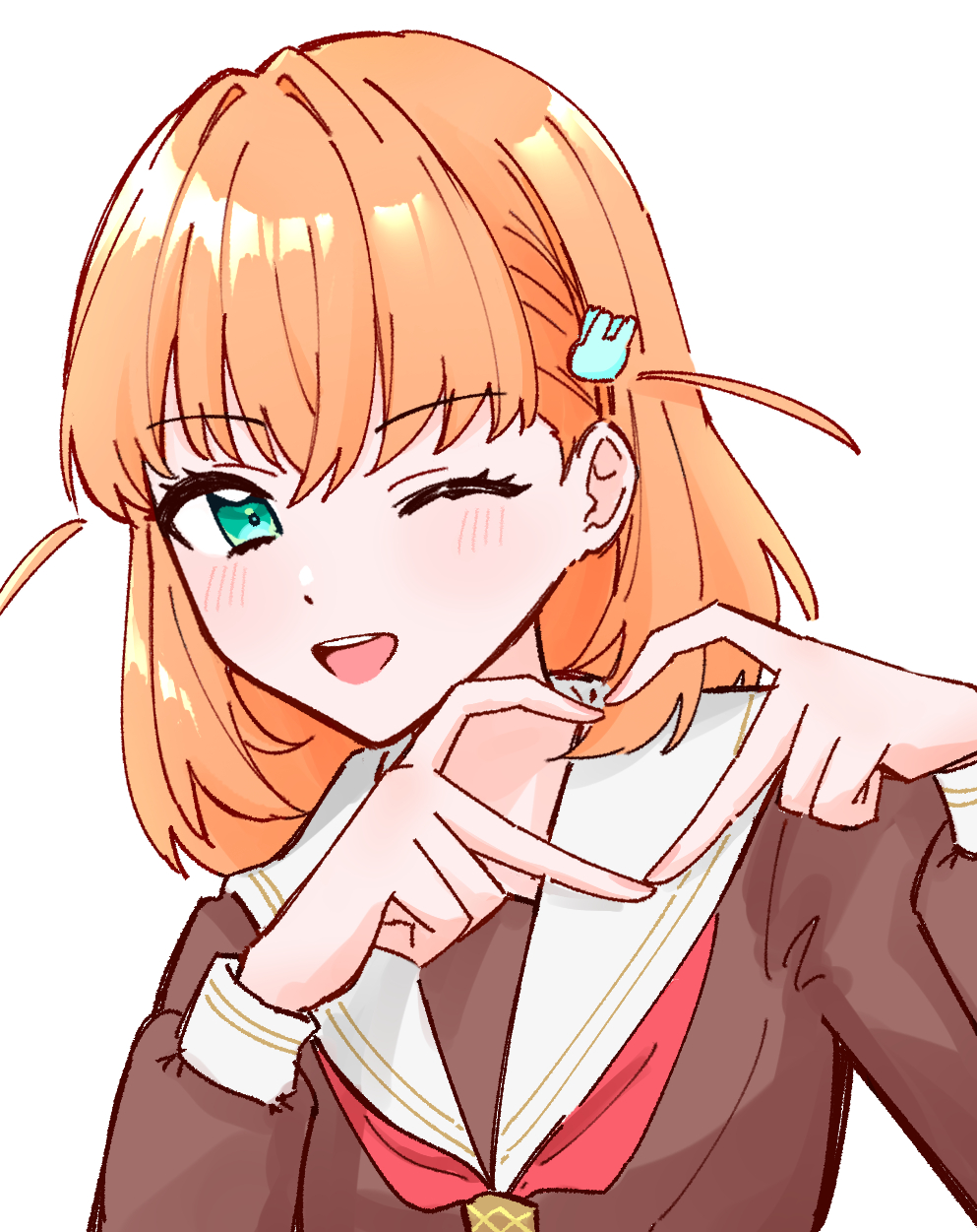1girl ;d blush brown_dress commentary crossed_bangs detached_hair dress four-finger_heart_hands hair_intakes hair_ornament hasu_no_sora_school_uniform heart heart_hands highres hinoshita_kaho link!_like!_love_live! long_sleeves looking_at_viewer love_live! medium_hair neckerchief one_eye_closed open_mouth orange_hair puffy_long_sleeves puffy_sleeves rabbit_hair_ornament red_neckerchief sailor_collar sailor_dress school_uniform simple_background smile solo symbol-only_commentary teeth two_side_up upper_body upper_teeth_only virtual_youtuber white_background white_sailor_collar winter_uniform zangemiya