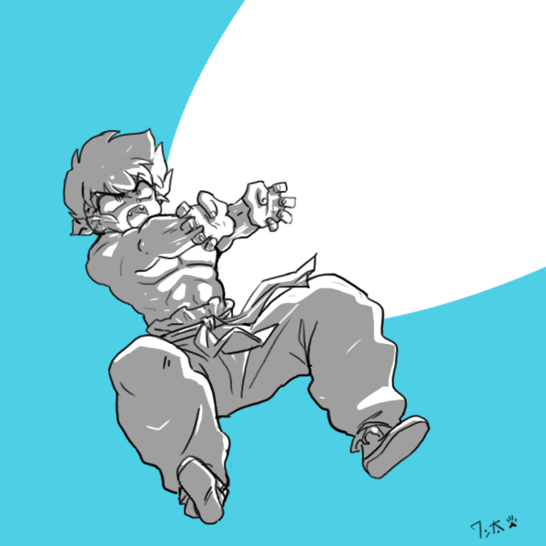 1boy attack belt blue_background energy_blast falling fangs fighting_stance headband hibiki_ryouga ki_blast knees_up legs_apart looking_up male_focus monochrome muscular muscular_male open_mouth outstretched_arms pants ranma_1/2 shoes short_hair shouting signature striped_headband topless_male wanta_(futoshi)