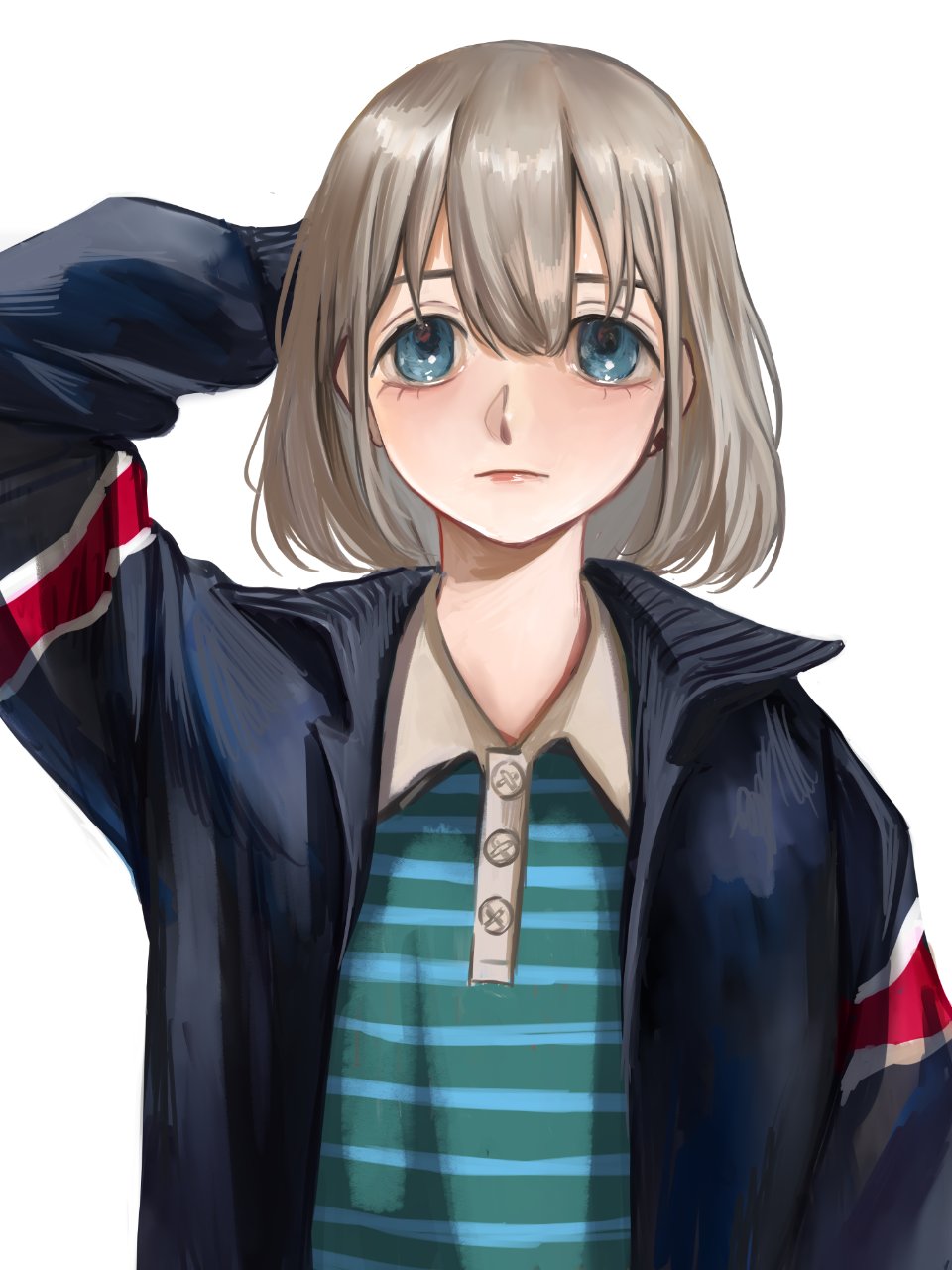 1girl arm_behind_head black_jacket blue_eyes blue_shirt brown_hair collared_shirt expressionless hand_on_own_head highres idolmaster idolmaster_shiny_colors jacket light_blush long_sleeves looking_at_viewer open_clothes open_jacket polo_shirt red_lips serizawa_asahi shirt short_hair simple_background solo straight-on striped_clothes striped_shirt white_background yamaichi_(yama3ichi4)