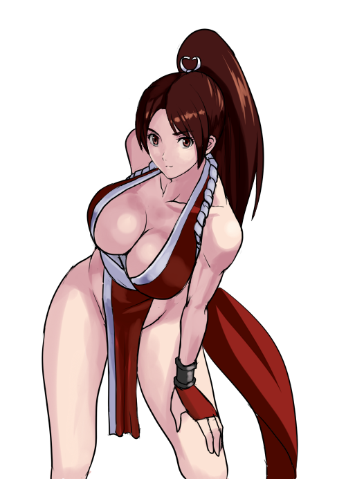 1girl 78_(tky8) bare_arms bare_legs bare_shoulders breasts brown_eyes brown_hair cleavage closed_mouth collarbone dress eyebrows_hidden_by_hair fatal_fury fingerless_gloves gloves hairband hand_on_knee hand_on_own_hip hand_on_own_knee high_ponytail large_breasts leaning_forward long_hair looking_at_viewer no_panties parted_bangs pelvic_curtain ponytail red_dress red_gloves shiranui_mai side_slit simple_background smile snk solo standing the_king_of_fighters thick_thighs thighs white_background