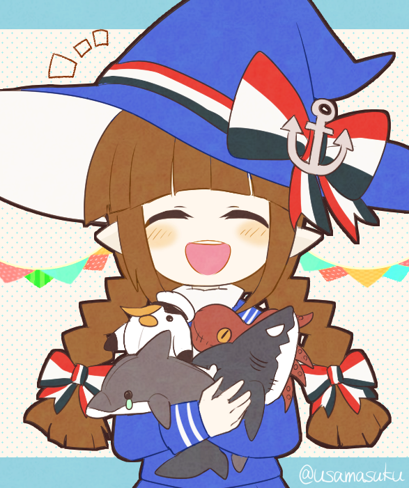 1girl anchor_hat_ornament blue_bow blue_hat blue_sailor_collar blue_shirt blunt_bangs blush bow braid brown_hair closed_eyes colored_skin funamusea hair_bow hat hat_bow hat_ornament holding holding_stuffed_toy long_hair multicolored_bow oounabara_to_wadanohara open_mouth pointy_ears red_bow sailor_collar shirt sidelocks signature smile solo straight-on stuffed_animal stuffed_bird stuffed_dolphin stuffed_shark stuffed_squid stuffed_toy teeth twin_braids upper_body upper_teeth_only usamasuku wadanohara white_bow white_skin witch witch_hat