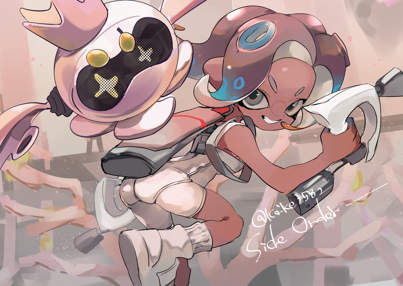 1girl agent_8_(splatoon) ass bent_over blue_hair bodysuit commentary copyright_name coral dark-skinned_female dark_skin drone gradient_hair grey_eyes grey_hair grin holding ink_tank_(splatoon) koike3582 light_blue_hair medium_hair multicolored_hair nintendo octoling octoling_girl octoling_player_character orange_hair order_dualies_(splatoon) pearl_(splatoon) pearl_drone_(splatoon) ribbed_socks smile socks splatoon_(series) splatoon_3 splatoon_3:_side_order suction_cups teeth tentacle_hair twitter_username v-shaped_eyebrows white_bodysuit white_footwear white_socks