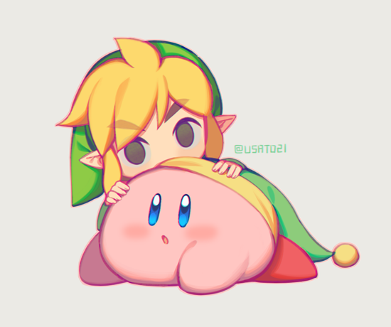 1boy 1other black_eyes blonde_hair blue_eyes blush colored_skin covered_mouth green_hat hair_intakes hands_on_another&#039;s_head hat kirby kirby_(series) link looking_ahead lying nintendo on_stomach peeking_out pink_skin pointy_ears pom_pom_(clothes) simple_background super_smash_bros. the_legend_of_zelda toon_link twitter_username white_background wusagi2
