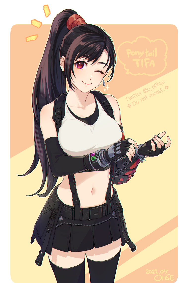 1girl adjusting_clothes adjusting_gloves alternate_hairstyle black_gloves black_hair black_skirt black_thighhighs bracer breasts collarbone crop_top dated earrings final_fantasy final_fantasy_vii final_fantasy_vii_remake fingerless_gloves floating_earrings gloves high_ponytail jewelry large_breasts long_hair materia midriff miniskirt navel ohse one_eye_closed ponytail red_eyes red_scrunchie scrunchie single_earring skirt solo stomach suspender_skirt suspenders tank_top thighhighs thighs tifa_lockhart white_tank_top zettai_ryouiki