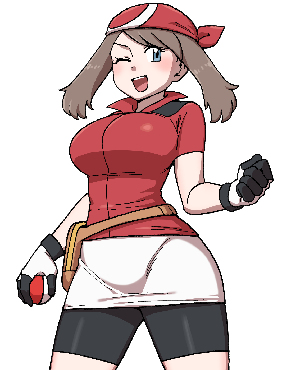 1girl ;d alternate_breast_size bandana bike_shorts bike_shorts_under_skirt breasts brown_hair clenched_hand collared_shirt commentary cowboy_shot eyelashes gloves highres holding holding_poke_ball may_(pokemon) medium_hair nintendo nutkingcall one_eye_closed open_mouth poke_ball poke_ball_(basic) pokemon pokemon_rse red_bandana red_shirt shirt short_sleeves simple_background skirt smile solo teeth upper_teeth_only white_background white_gloves white_skirt