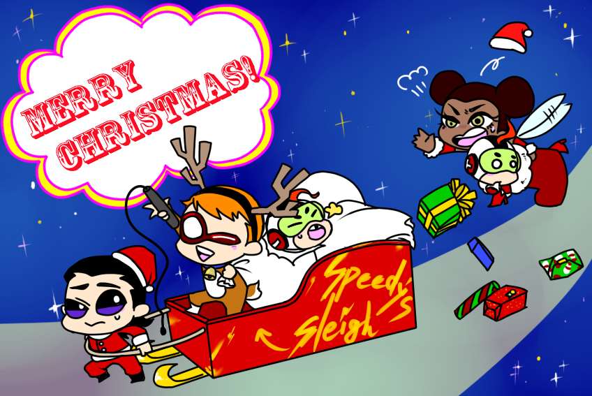 1girl 4boys antlers aqua_lad black_hair box brothers bumble_bee cartoon_network chibi christmas christmas_stocking costume dark_skin dc_comics domino_mask double_bun flying garth gift gift_box goggles hair_bun hat horns karen_beecher mas_(dc) mask menos_(dc) multiple_boys orange_hair reindeer_antlers roy_harper santa_hat siblings sleigh solid_eyes speedy teen_titans twins wings