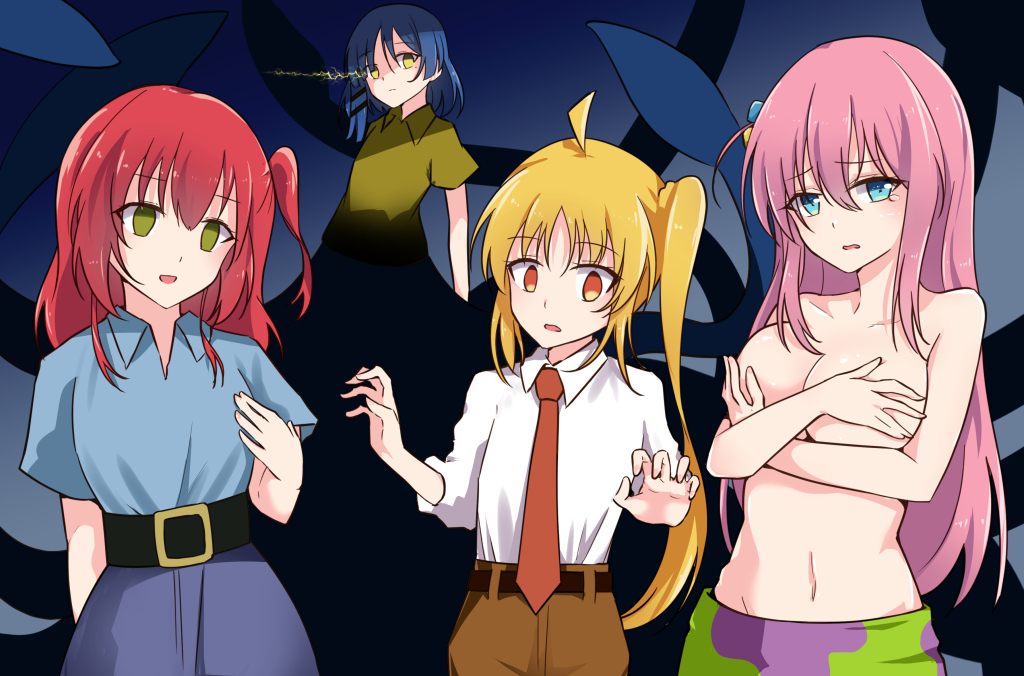 4girls ahoge belt blonde_hair blue_background blue_eyes blue_hair blush bocchi_the_rock! breasts closed_mouth cosplay covering_breasts covering_privates cube_hair_ornament embarrassed empty_eyes gotoh_hitori gradient_background green_eyes green_male_swimwear green_swim_trunks hair_ornament ijichi_nijika kita_ikuyo large_breasts long_hair looking_at_viewer lowleg male_swimwear male_swimwear_challenge mole mole_under_eye mr._krabs_(cosplay) multicolored_male_swimwear multicolored_swim_trunks multicolored_swimsuit multiple_girls navel necktie orange_eyes parted_lips patrick_star_(cosplay) pink_hair print_male_swimwear print_swim_trunks print_swimsuit purple_male_swimwear purple_swim_trunks red_hair short_hair side_ponytail spongebob_squarepants_(cosplay) spongebob_squarepants_(series) squidward_tentacles_(cosplay) standing swim_trunks swimsuit tentacles topless_female yamada_ryo yellow_eyes yuetan_(ssvs73608)