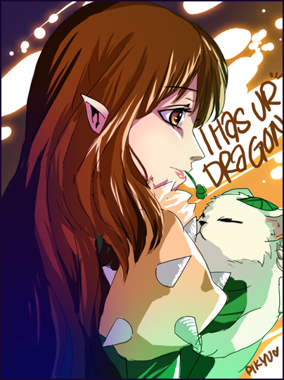 1girl brown_coat brown_eyes brown_hair cat closed_mouth clover coat expressionless four-leaf_clover leaf leaf_cat leaf_on_head long_hair looking_afar pkyu pointy_ears puffy_short_sleeves puffy_sleeves ragnarok_online shadow_chaser_(ragnarok_online) short_sleeves solo upper_body white_cat