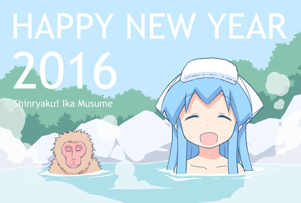 1girl 2016 ^_^ anbe_masahiro animal blue_hair chinese_zodiac closed_eyes collarbone copyright_name dated hat ikamusume in_water monkey official_art onsen open_mouth partially_submerged shinryaku!_ikamusume squid_girl squid_hat steam towel towel_on_head tree water year_of_the_monkey