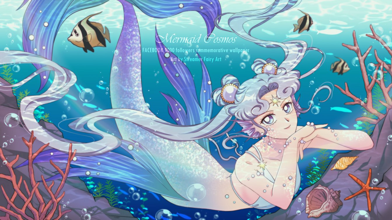 bishoujo_senshi_sailor_moon bishoujo_senshi_sailor_moon_stars bra collarbone conch coral coral_reef fins fish fish_tail gem grey_eyes hair_bun head_fins head_on_hands heart_hair_bun jewelry koya looking_at_viewer mermaid monster_girl parted_bangs pearl_(gemstone) ring sailor_cosmos smile star_seed_(sailor_moon) starfish tail twintails underwater underwear white_bra
