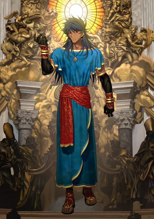 1boy arm_at_side bangle black_gloves black_hair blue_tunic bracelet closed_mouth dark-skinned_male dark_skin earrings elbow_gloves fate/grand_order fate_(series) full_body game_cg gloves gold_earrings gold_trim hand_up jewelry koyama_hirokazu long_hair male_focus official_art pendant red_eyes red_sash romulus_quirinus_(fate) sandals sash short_sleeves solo third-party_source toes tunic v-shaped_eyebrows variant_set