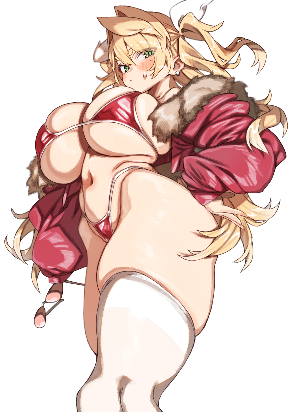 1girl bikini blonde_hair blush breasts childhood_friend_(kz_oji) fur_collar green_eyes hair_intakes highres huge_breasts jacket kz_oji long_hair long_sleeves looking_at_viewer micro_bikini navel open_clothes open_jacket original red_bikini red_jacket simple_background solo standing sweatdrop swimsuit thick_thighs thighhighs thighs underboob very_long_hair white_background white_thighhighs