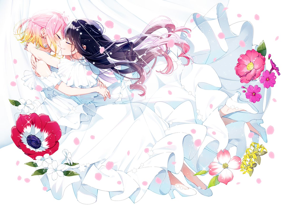 2girls anemone_wa_netsu_wo_obiru black_hair bride closed_eyes cover earrings falling_petals flower gradient_hair high_heels hug jewelry kiss komiyama_mashiro long_skirt multicolored_hair multiple_girls ootsuki_nagisa orange_hair petals sakuragi_ren second-party_source skirt smile yuri