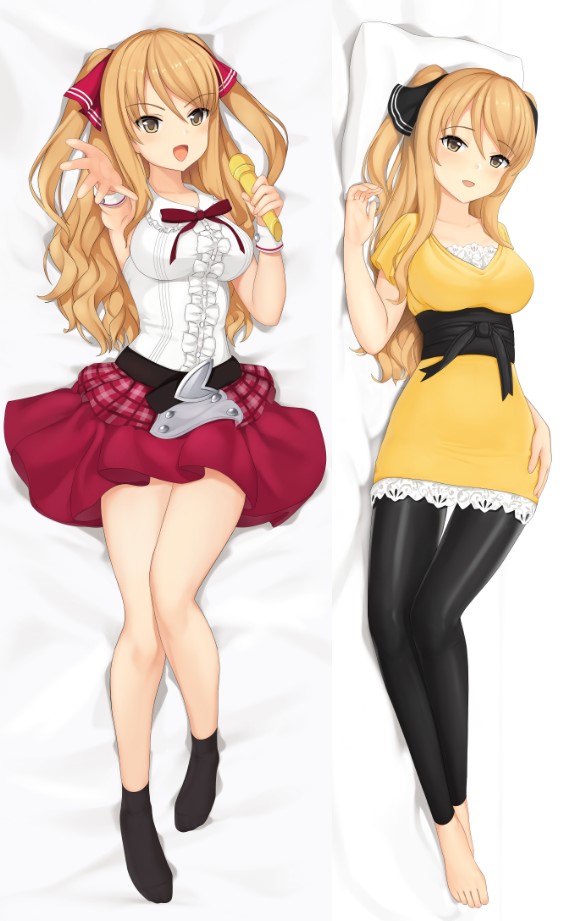 1girl ankle_socks ao_no_kanata_no_four_rhythm bare_arms bare_legs barefoot bed_sheet black_ribbon blonde_hair blouse breasts brown_eyes commission cushion dakimakura_(medium) full_body hair_ribbon hand_on_own_thigh large_breasts leather leather_belt leggings long_hair long_shirt looking_at_viewer lying microphone multiple_views music no_shoes on_back open_mouth outstretched_arm red_ribbon ribbon satouin_reiko shiny_clothes shiny_legwear shirt short_sleeves singing skirt smile socks stira two_side_up white_background yellow_shirt