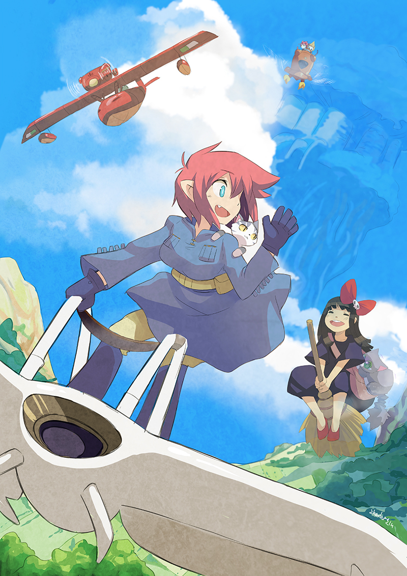 1980s_(style) 2girls :3 aircraft airplane bag black_hair blue_sky bow broom broom_riding cat character_request charln cloud cosplay day fang floating flying flying_boat gloves glying_boat hair_bow kaze_no_tani_no_nausicaa kiki_(majo_no_takkyuubin) kiki_(majo_no_takkyuubin)_(cosplay) kurenai_no_buta majo_no_takkyuubin maliki maliki_(character) mehve mountain multiple_girls nausicaa ocean oldschool open_mouth outdoors pointy_ears pouch red_hair retro_artstyle savoia_s.21 seaplane signature sky smile studio_ghibli tenkuu_no_shiro_laputa tree waving