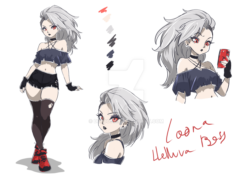 1girl black_eyeshadow black_gloves black_lips black_shorts black_thighhighs brown_thighhighs cellphone character_name color_guide commentary copyright_name deedo781 deviantart_logo deviantart_username earrings english_commentary eyeshadow fingerless_gloves gloves grey_hair grey_shirt gym_shorts halterneck hellaverse helluva_boss humanization jewelry long_hair looking_at_viewer loona_(helluva_boss) makeup midriff multiple_views navel obnoxious_watermark orange_eyes parted_lips phone red_shoes shirt shoes short_shorts shorts smartphone thighhighs torn_clothes torn_thighhighs v-shaped_eyebrows watermark