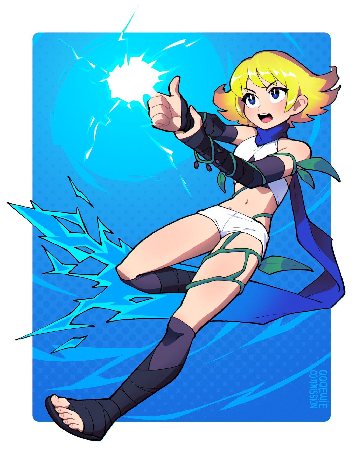 1girl 333_(dqqqdle) blonde_hair blue_background blue_eyes blue_scarf commission electricity finger_gun full_body highres kid_icarus kid_icarus_uprising midriff nintendo open_mouth phosphora plant scarf solo vines