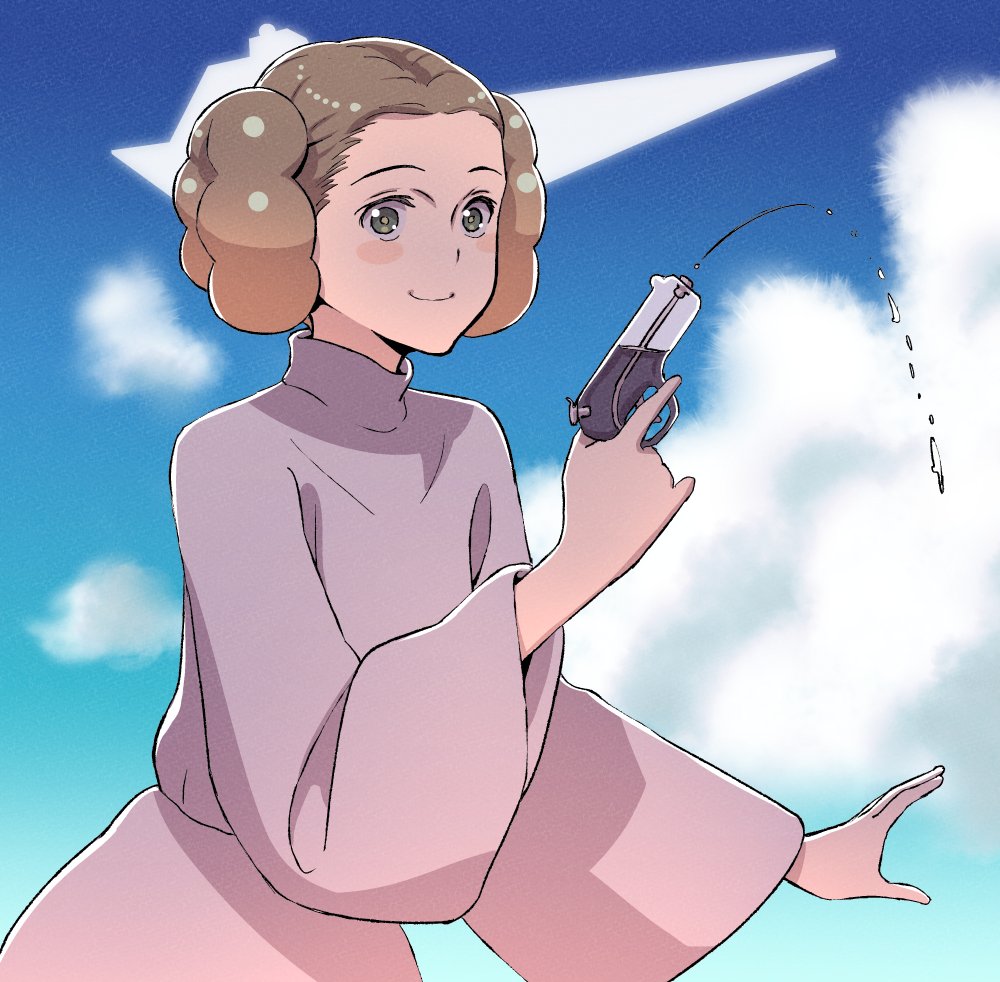1girl blush_stickers bou_(inubou) braid braided_bun cloud commentary cosplay double_bun dress fuu-chan_(fuu-chan_no_ana) fuu-chan_no_ana hair_bun holding holding_water_gun princess_leia_(cosplay) princess_leia smile solo star_destroyer star_wars star_wars:_a_new_hope turtleneck turtleneck_dress upper_body water_gun white_dress wide_sleeves