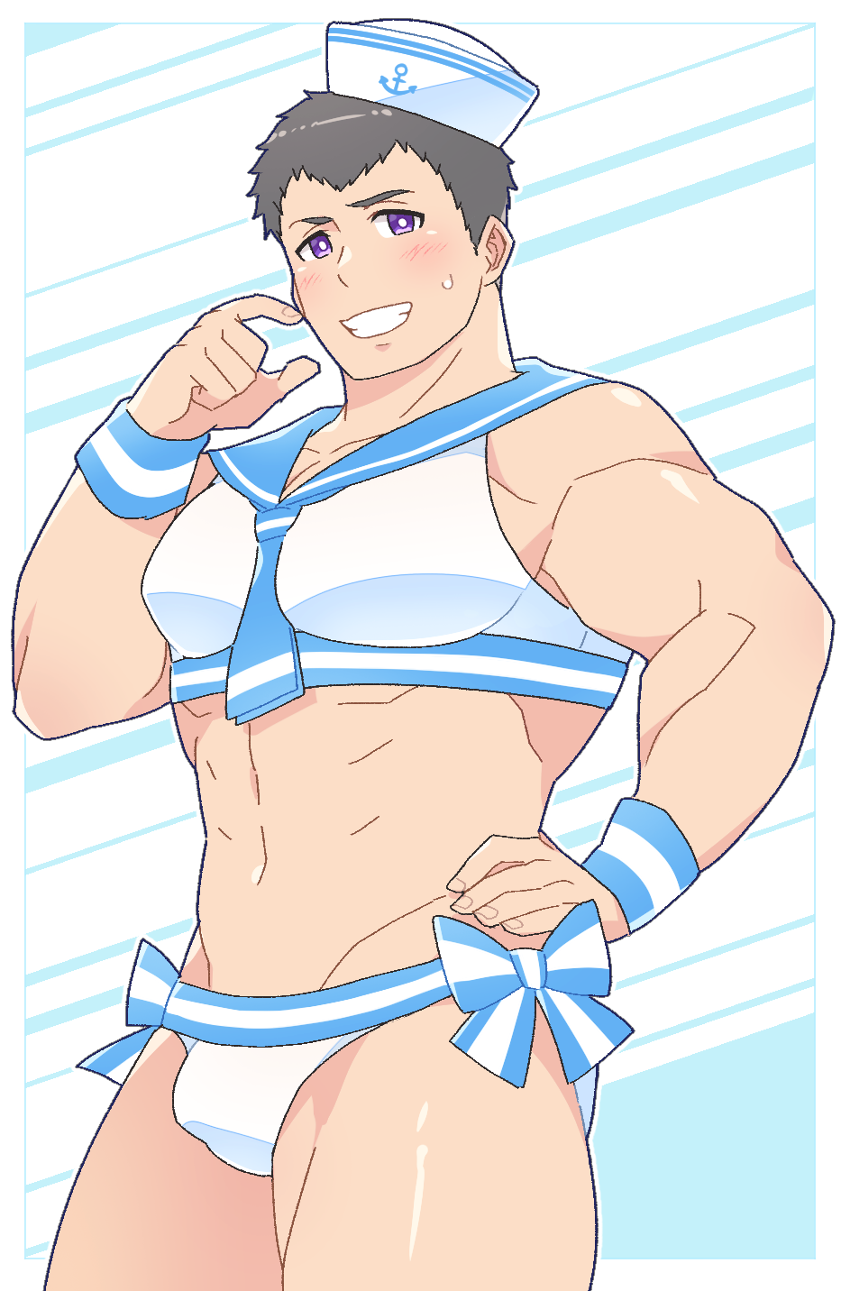 1boy abs aopanda bara bikini blue_sailor_collar blush bow bright_pupils brown_hair bulge grin hand_on_own_hip hat highres idolmaster idolmaster_side-m looking_at_viewer male_focus muscular muscular_male pectorals purple_eyes sailor_bikini sailor_collar sailor_hat sailor_swimsuit_(idolmaster) scratching_cheek shingen_seiji short_hair simple_background smile solo sweatdrop white_pupils wristband