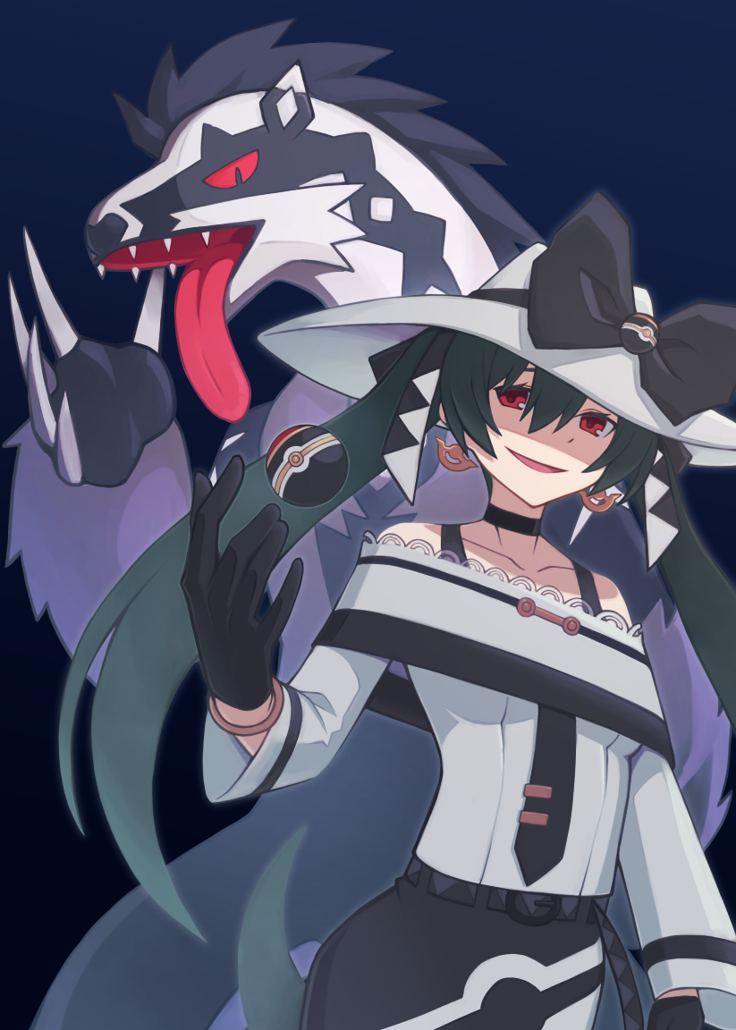 1girl black_bow black_choker black_gloves black_skirt bow choker claws collarbone dark_miku_(project_voltage) earrings gen_8_pokemon gloves hair_between_eyes hat hat_bow hatsune_miku hibun_tsukasa jewelry long_hair long_sleeves luxury_ball nintendo obstagoon open_mouth poke_ball pokemon pokemon_(creature) project_voltage red_eyes shaded_face shirt skirt tongue tongue_out twintails vocaloid white_hat white_shirt