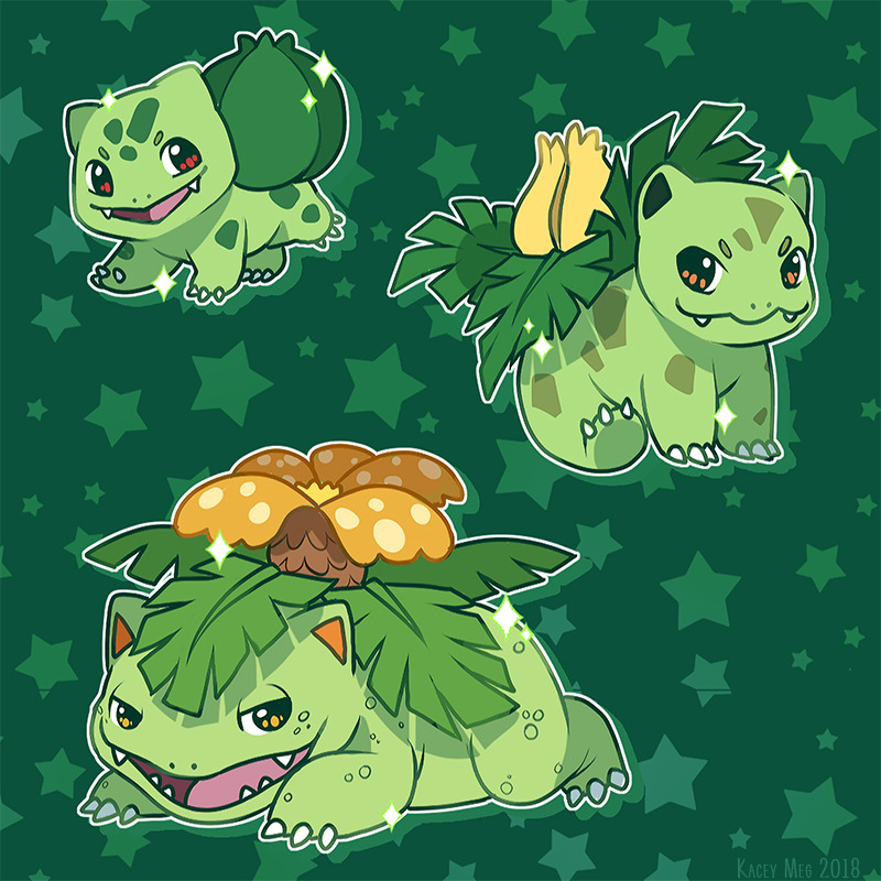 alternate_color animal_focus bulbasaur claws commentary dated english_commentary evolutionary_line full_body gen_1_pokemon green_background ivysaur kaceymeg looking_at_viewer nintendo no_humans nostrils open_mouth pokemon pokemon_(creature) red_eyes shiny_pokemon signature sparkle star_(symbol) venusaur