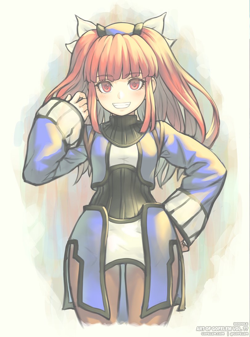 1girl black_undershirt blue_shirt blunt_bangs cropped_legs dewprism gofelem grin hand_in_own_hair hand_on_own_hip light_blush long_hair long_sleeves looking_at_viewer mint_(dewprism) pink_eyes pink_hair shirt sidelocks simple_background smile solo twintails twitter_username white_background