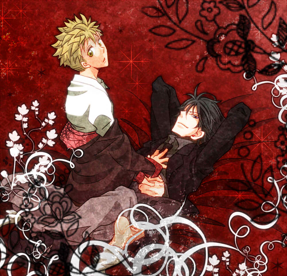 2boys ahoge amano_ginji bed black_hair blonde_hair couple formal_clothes getbackers jewelry male_focus midou_ban multiple_boys necktie pants short_hair smile suit yaoi yellow_eyes