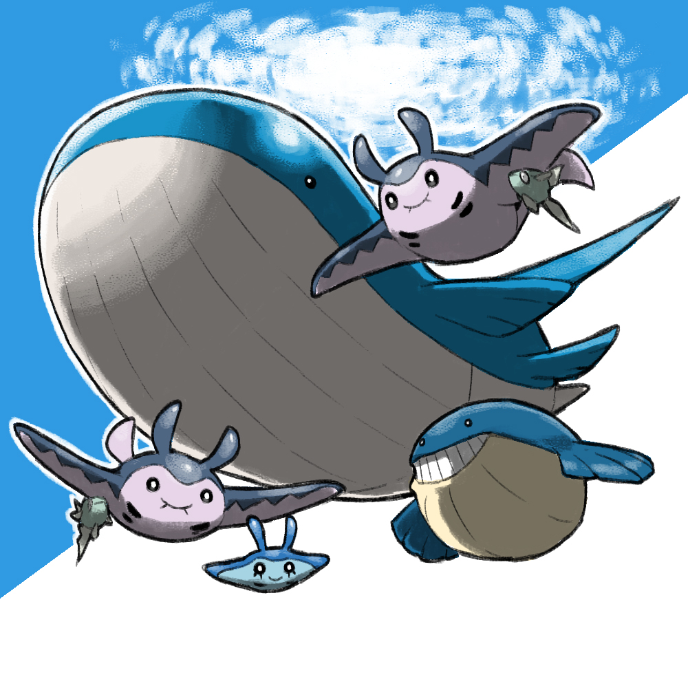 animal_focus blacknirrow closed_mouth evolutionary_line fish gen_2_pokemon gen_3_pokemon gen_4_pokemon mantine mantyke nintendo no_humans outline pokemon pokemon_(creature) pokemon_focus remoraid teeth two-tone_background wailmer wailord whale white_outline