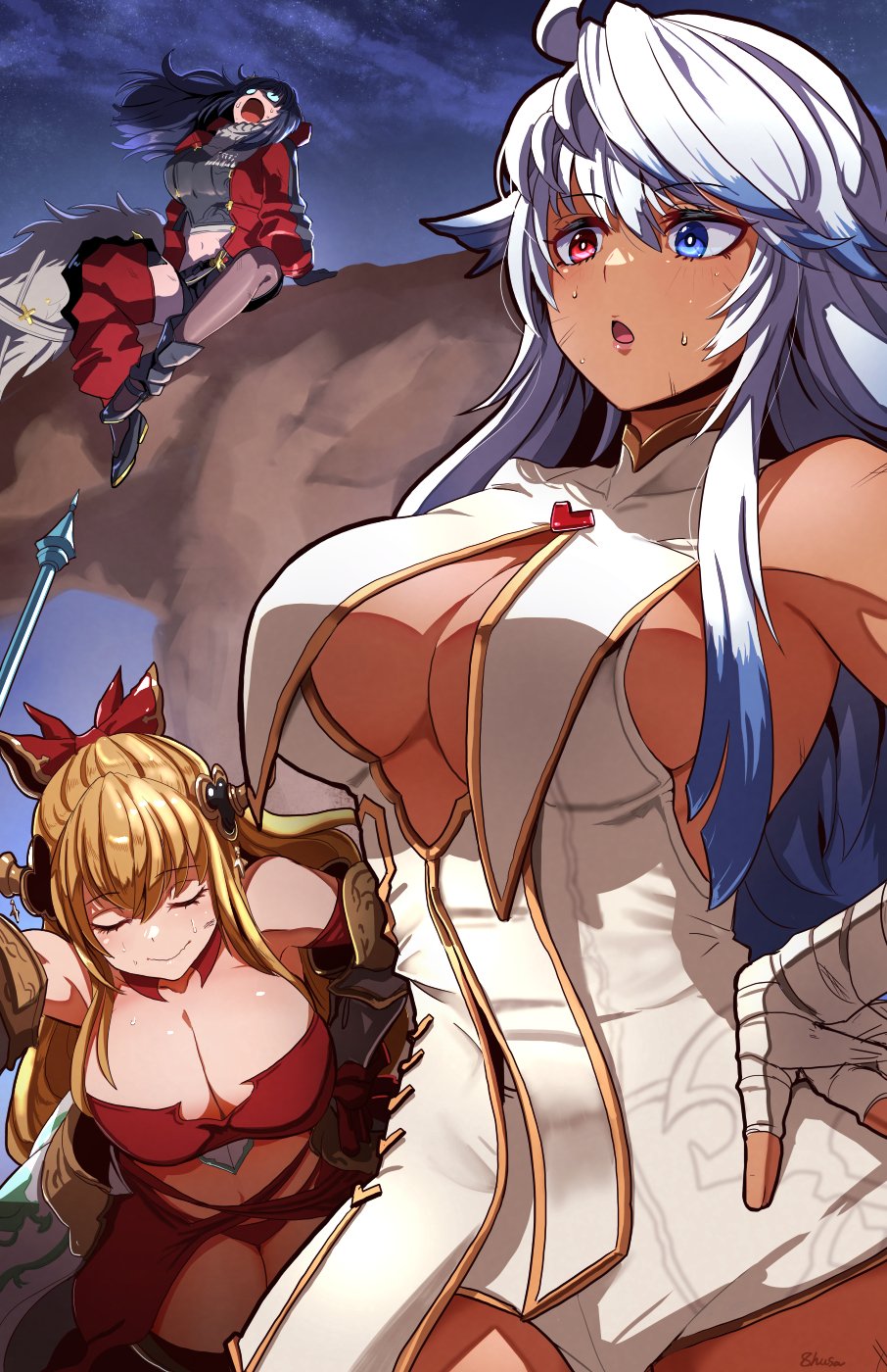 3girls bandaged_arm bandages black_hair blonde_hair breasts cleavage cosmos_(granblue_fantasy) dark-skinned_female dark_skin fujioka_yatsufusa glasses granblue_fantasy heterochromia highres illnott_(granblue_fantasy) large_breasts long_hair multicolored_hair multiple_girls ribbon single_leg_pantyhose vira_(granblue_fantasy) white_hair