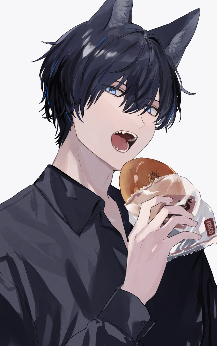 1boy animal_ears black_hair black_shirt blue_eyes collared_shirt commentary_request food hair_between_eyes hand_up holding holding_food long_sleeves male_focus open_collar open_mouth original shirt short_hair shugao simple_background solo upper_body white_background