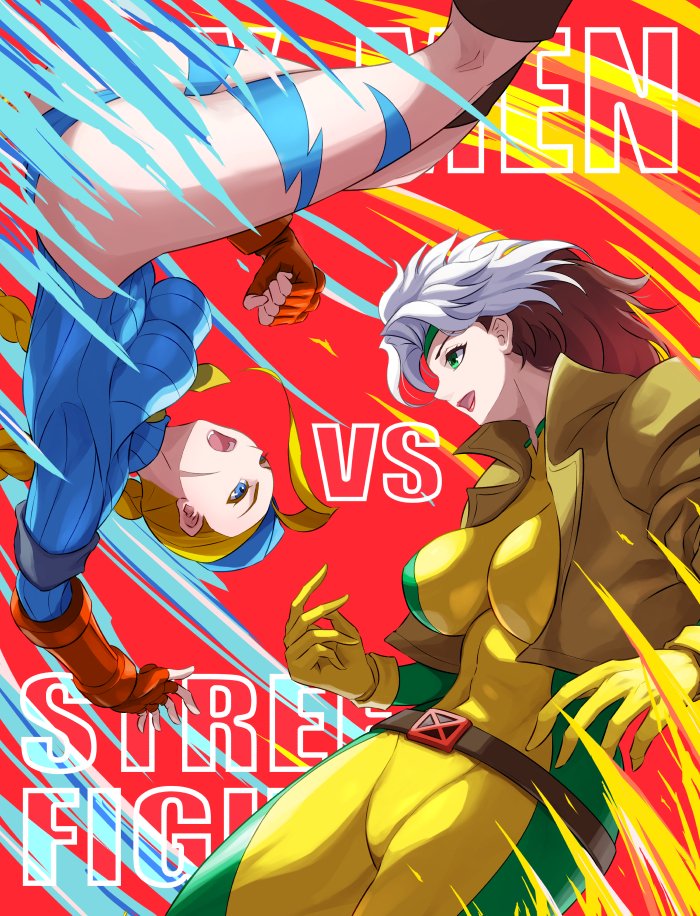 2girls ahoge ass blonde_hair blue_eyes bodysuit boots braid breasts cammy_white colored_bangs ema_(emaura) fingerless_gloves gloves green_bodysuit green_headband hat headband highleg highleg_leotard leotard long_hair marvel marvel_vs._capcom multicolored_bodysuit multiple_girls rogue_(x-men) scar street_fighter street_fighter_zero_(series) superhero_costume thighs thong_leotard twin_braids two-tone_bodysuit x-men x-men:_the_animated_series x-men_vs._street_fighter yellow_bodysuit yellow_gloves