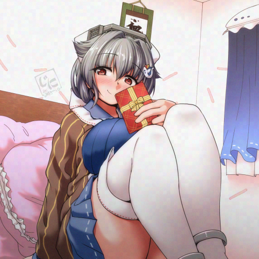 1girl bandana bed black_hair blue_sailor_collar blue_serafuku blue_skirt blush box breasts brown_shawl calendar_(object) gift gift_box hair_flaps hair_ornament jingei_(kancolle) jini_ya1 kantai_collection large_breasts looking_at_viewer low_ponytail nose_blush pillow ponytail red_eyes sailor_collar school_uniform serafuku shawl skirt solo whale_hair_ornament white_bandana