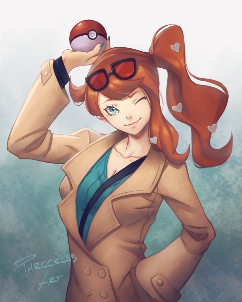 1girl aqua_eyes aqua_nails aqua_shirt arm_up artist_name black-framed_eyewear breasts brown_coat buttons cleavage coat collarbone commentary english_commentary eyewear_on_head hair_ornament hand_in_pocket heart heart_hair_ornament holding holding_poke_ball long_hair medium_breasts nintendo orange-tinted_eyewear orange_hair phrecklesart poke_ball poke_ball_(basic) pokemon pokemon_swsh ribbed_shirt shirt side_ponytail single_sidelock smile solo sonia_(pokemon) sunglasses swept_bangs tinted_eyewear upper_body v-neck wavy_hair