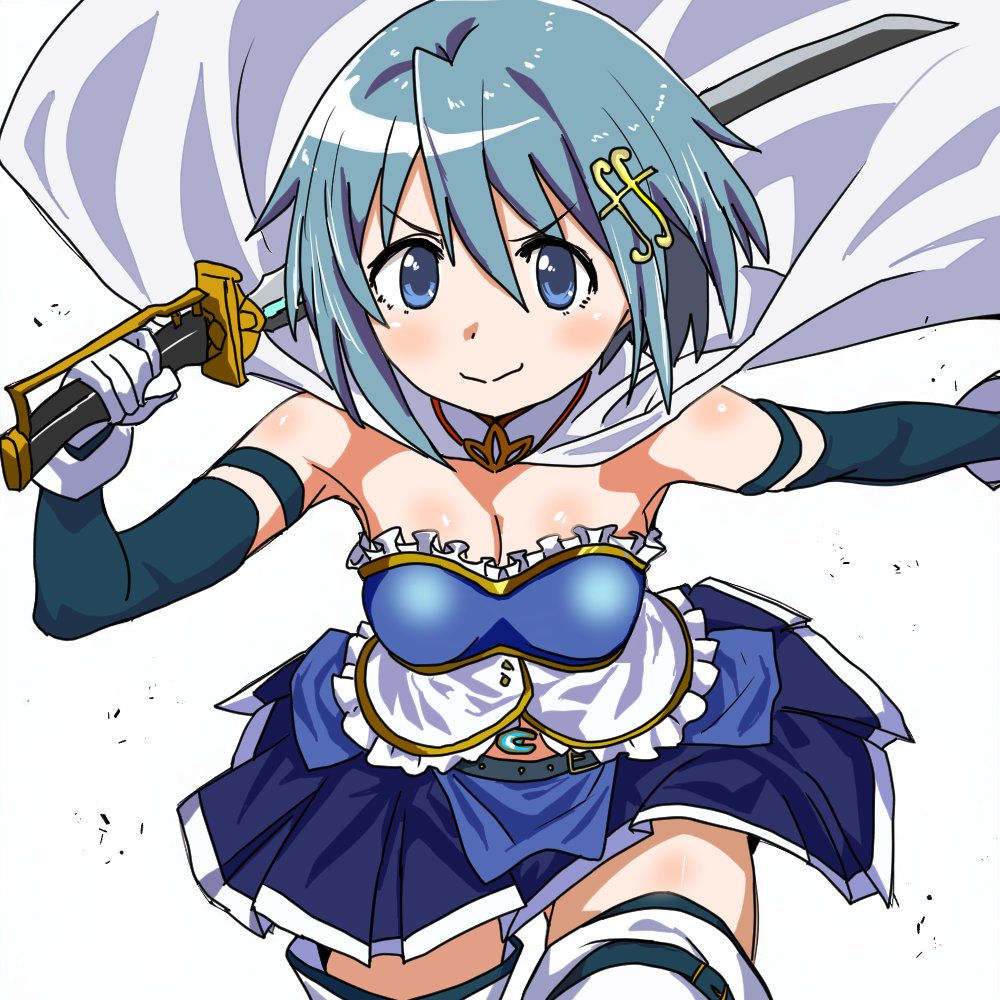 1girl blue_eyes blue_hair breasts cleavage fortissimo holding holding_sword holding_weapon looking_at_viewer magical_girl mahou_shoujo_madoka_magica medium_breasts medium_hair miki_sayaka miki_sayaka_(magical_girl) saber_(weapon) solo strapless sword usavivi777 weapon