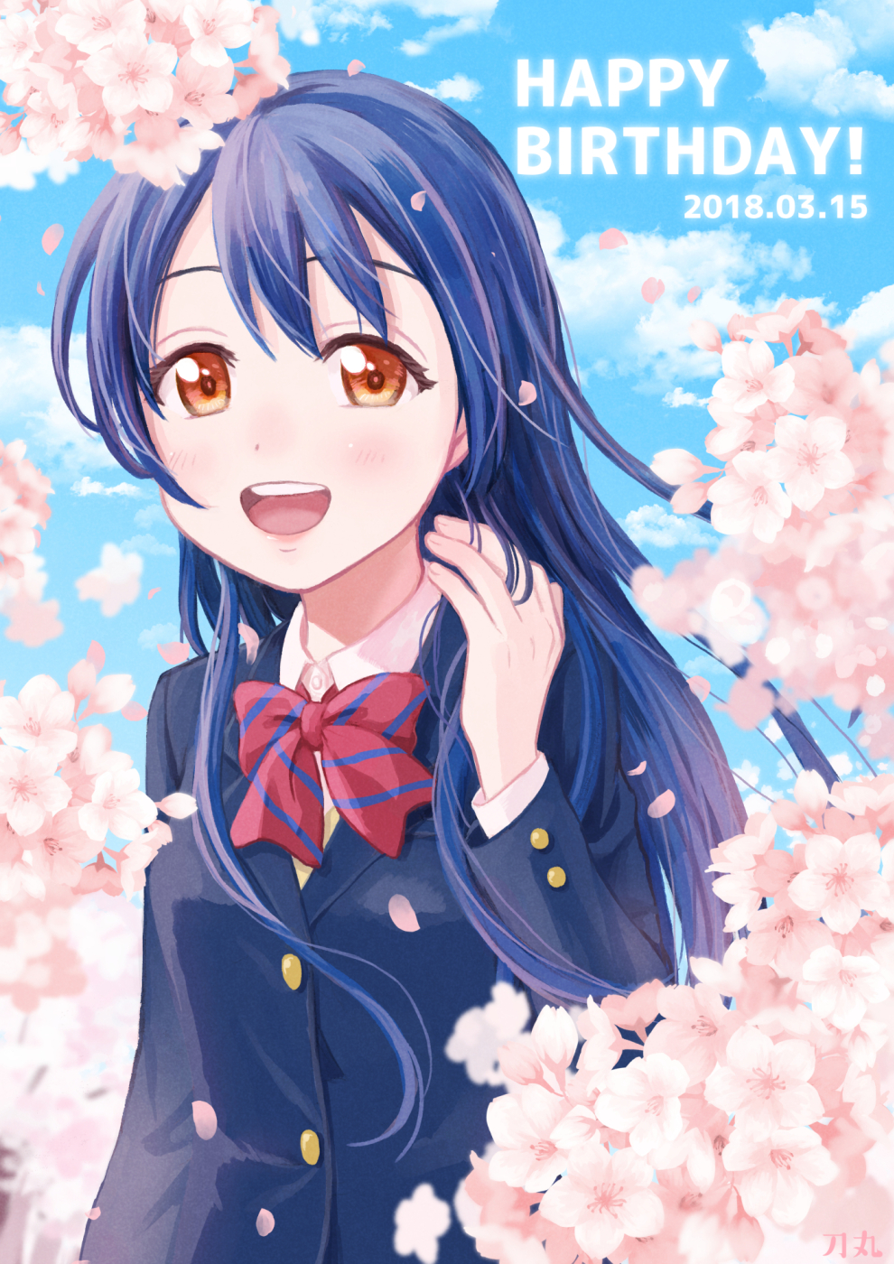 birthday blue_hair blush bow bowtie brown_eyes dated day hair_between_eyes hand_in_own_hair highres long_hair love_live! love_live!_school_idol_project outdoors red_bow red_bowtie sakura school_uniform smile sonoda_umi spring_(season) striped_bow striped_bowtie striped_clothes