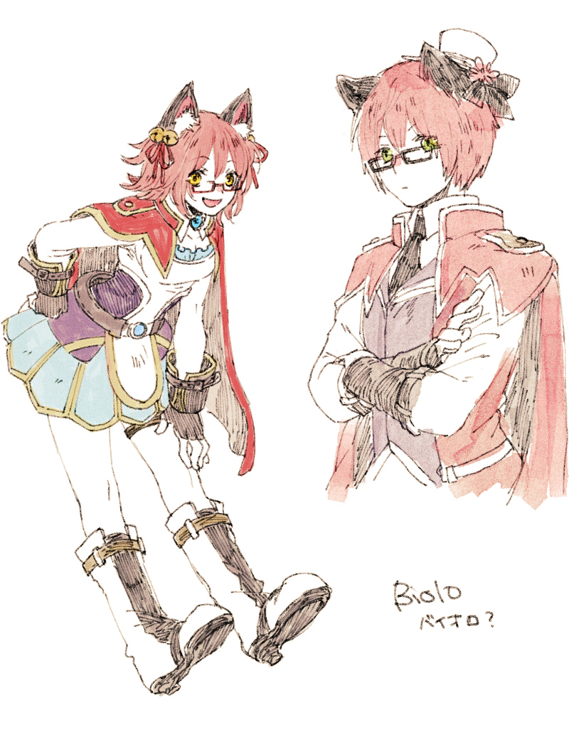 1boy 1girl animal_ear_fluff animal_ears bell biolo_(ragnarok_online) black-framed_eyewear black_necktie blue_gemstone blue_skirt boots breasts brooch brown_gloves brown_vest cape cat_ears cleavage closed_mouth commentary_request crossed_arms fingerless_gloves fox_ears frown full_body gem glasses gloves green_eyes hair_bell hair_ornament hair_ribbon jewelry jingle_bell looking_at_viewer medium_breasts miniskirt necktie open_mouth pink_hair ragnarok_online red-framed_eyewear red_cape red_ribbon ribbon shirt short_hair simple_background skirt smile tokio_(okt0w0) translation_request upper_body vest white_background white_footwear white_shirt yellow_eyes
