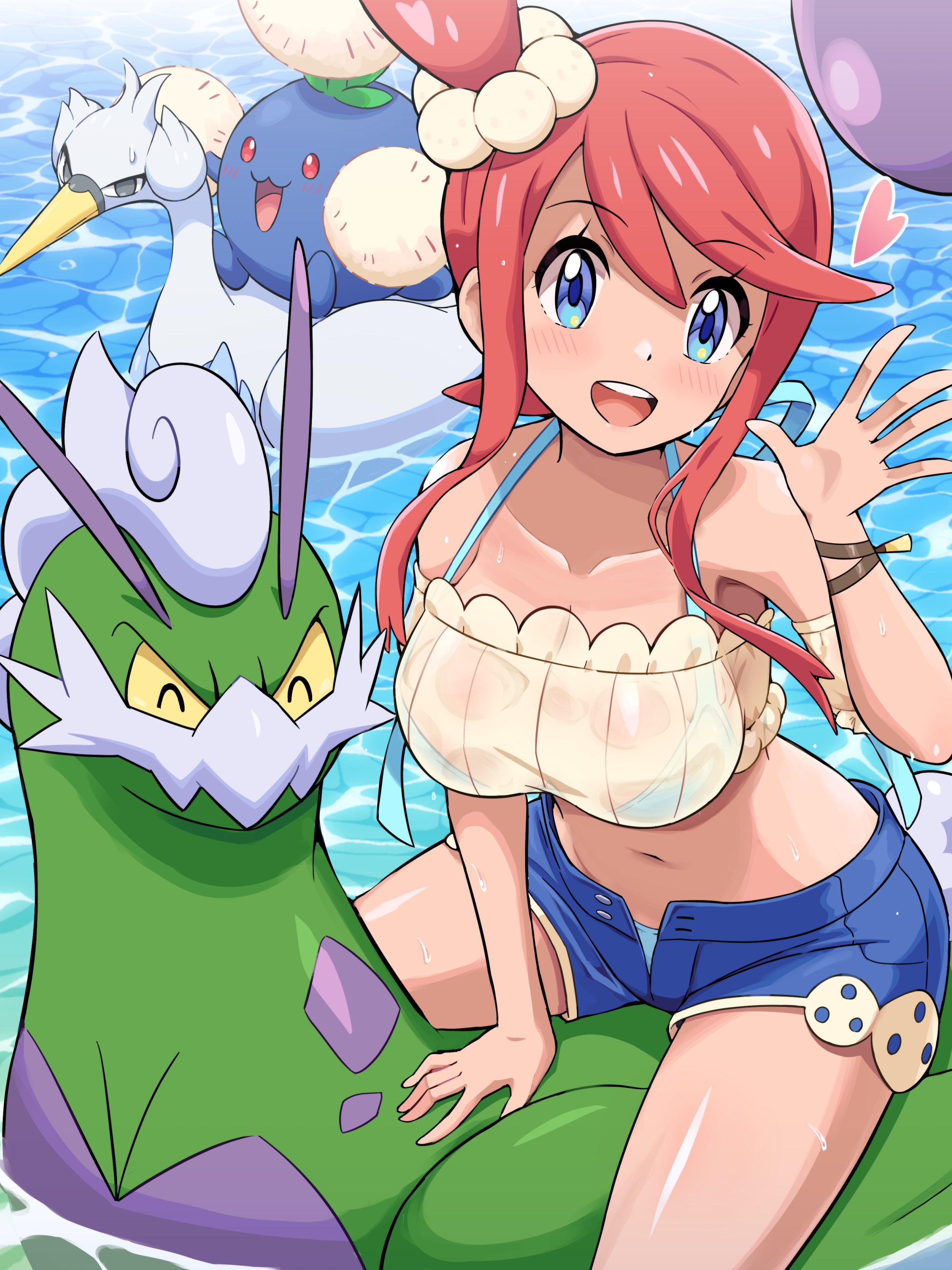 1girl :d absurdres bikini bikini_under_clothes bikini_under_shorts blue_eyes blue_shorts breasts crop_top gen_2_pokemon gen_5_pokemon hand_up heart highres jumpluff large_breasts legendary_pokemon nintendo official_alternate_costume one_side_up open_fly open_hand open_mouth pokemoa pokemon pokemon_(creature) pokemon_masters_ex red_hair riding short_shorts shorts sitting skyla_(pokemon) skyla_(summer_2025)_(pokemon) smile soaking_feet swanna swimsuit tan thighs tornadus tornadus_(therian) water