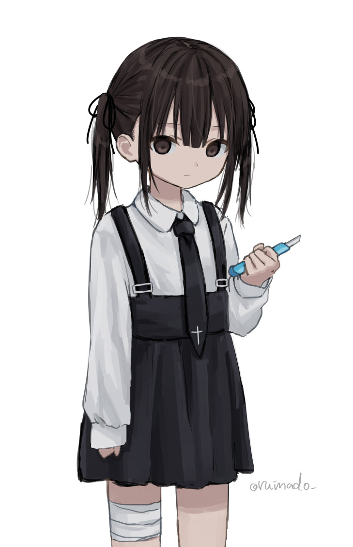 1girl bandaged_leg bandages black_eyes black_hair black_necktie boxcutter child closed_mouth collared_shirt cross expressionless high-waist_skirt holding holding_weapon long_sleeves necktie original ruimado shirt simple_background skirt sleeves_past_wrists suspender_skirt suspenders twintails twitter_username weapon white_background white_shirt