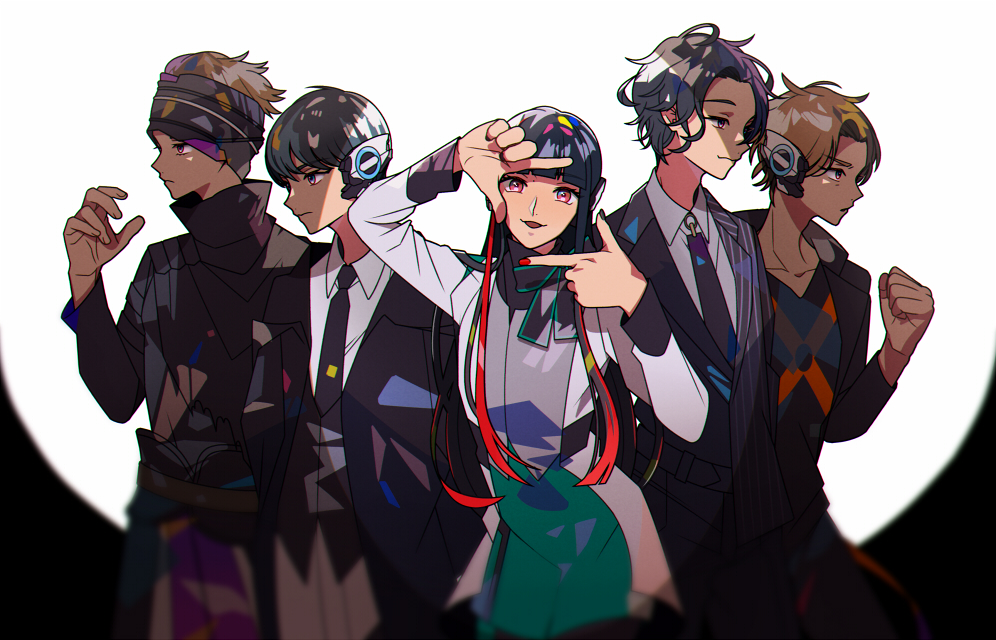 1girl 4boys android as_(kamen_rider_01) black_hair black_shirt blonde_hair blue_eyes brown_hair hair_over_one_eye headphones hito01 horobi_(kamen_rider_01) humagear_headphones ikazuchi_(kamen_rider_01) jacket jin_(kamen_rider_01) kamen_rider kamen_rider_01_(series) long_hair long_sleeves looking_at_viewer multicolored_hair multiple_boys naki_(kamen_rider_01) necktie open_mouth pants red_eyes red_hair robot_ears shirt short_hair smile standing streaked_hair two-tone_hair villain_pose white_background white_jacket white_shirt