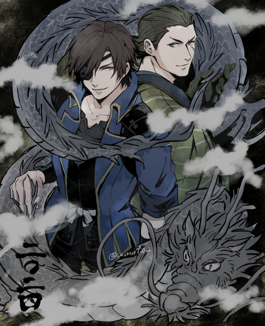 2boys blue_jacket brown_eyes brown_hair date_masamune_(sengoku_basara) eyepatch facial_scar grin hair_slicked_back jacket katakura_kojuurou_(sengoku_basara) looking_at_another male_focus multiple_boys official_alternate_costume scar scar_on_cheek scar_on_face sengoku_basara short_hair smile twitter_username umi_no_fuji