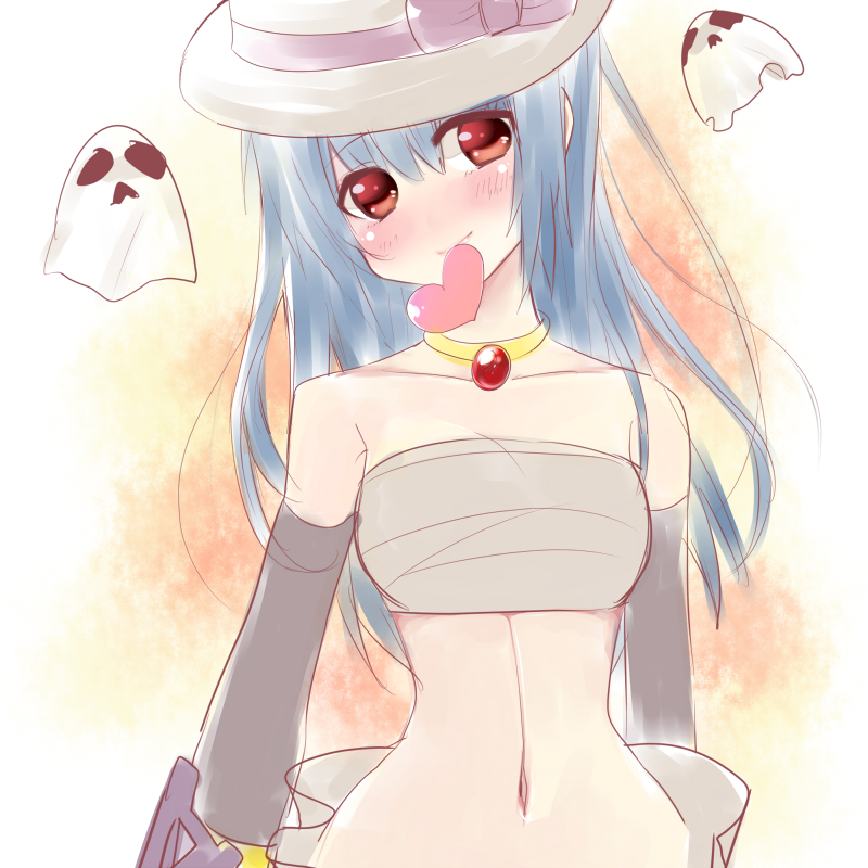 1girl black_gloves blue_hair blush breasts chest_sarashi closed_mouth commentary_request elbow_gloves gem ghost gloves grey_hat hat head_tilt heart jewelry long_hair looking_at_viewer medium_breasts navel necklace ragnarok_online red_eyes red_gemstone sarashi sheet_ghost shirokuro_(erisnoa) smile solo sura_(ragnarok_online) top_hat upper_body whisper_(ragnarok_online)