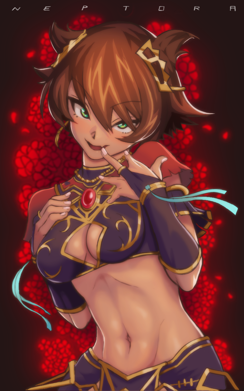 1girl breasts brown_hair cleavage cleavage_cutout clothing_cutout dark_skin dark-skinned_female fang female_focus gold green_eyes highres hitomaruniigo jewelry looking_at_viewer medium_breasts midriff navel open_mouth original pointy_hair short_hair solo