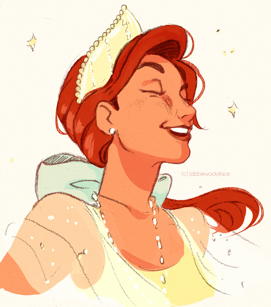 1girl anastasia_(1997) anya_(anastasia) artist_name blue_bow bow closed_eyes commentary crown dress earrings english_commentary freckles hair_bow jabberwockyface jewelry necklace open_mouth ponytail red_hair see-through_clothes see-through_sleeves smile solo sparkle upper_body