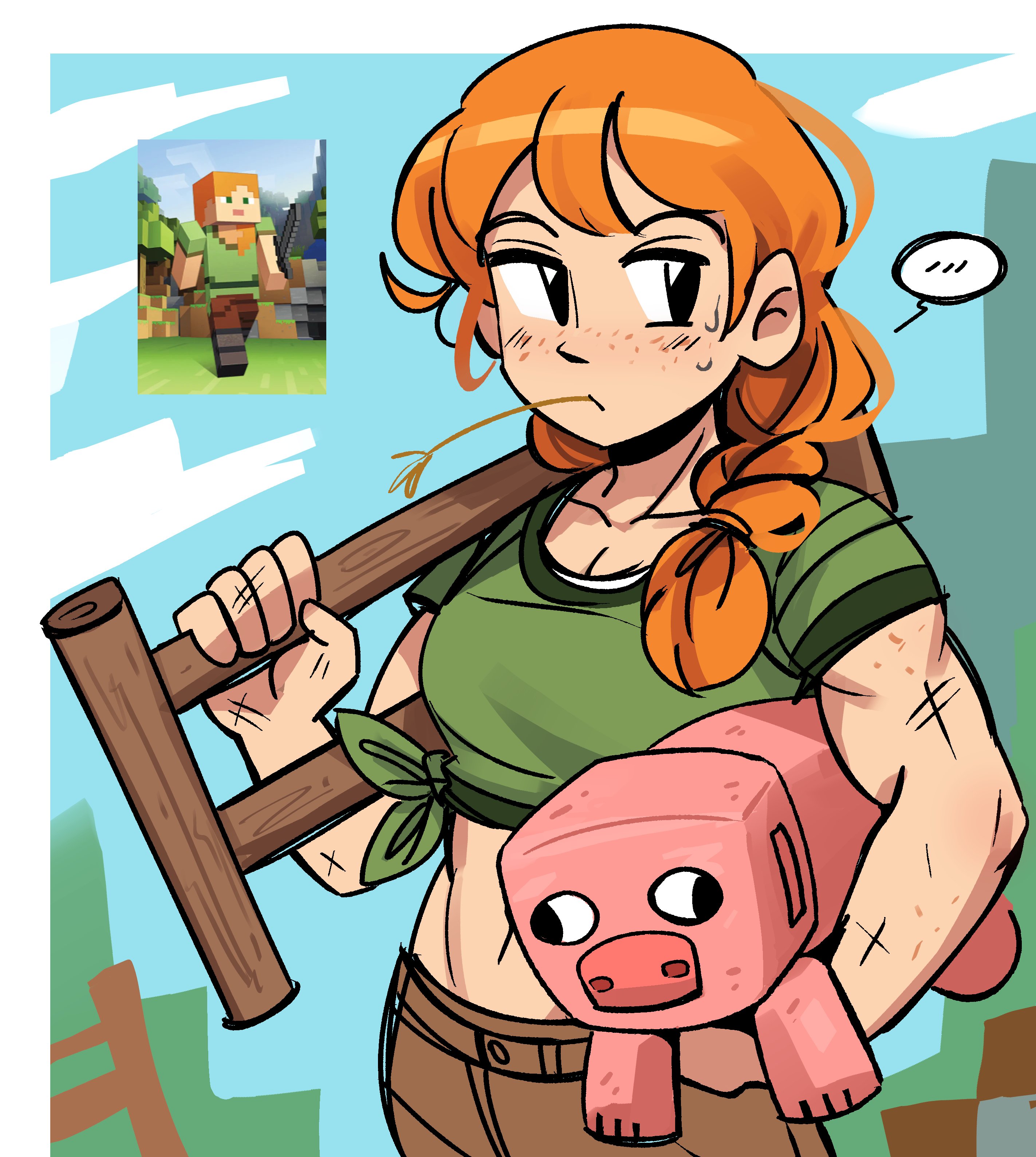 1girl absurdres alex_(minecraft) blue_sky braid carrying cloud fence game_screenshot hay highres looking_to_the_side minecraft orange_hair peargor pig pig_(minecraft) scratches shirt single_braid sky solo sweat tied_shirt toned tree wooden_fence