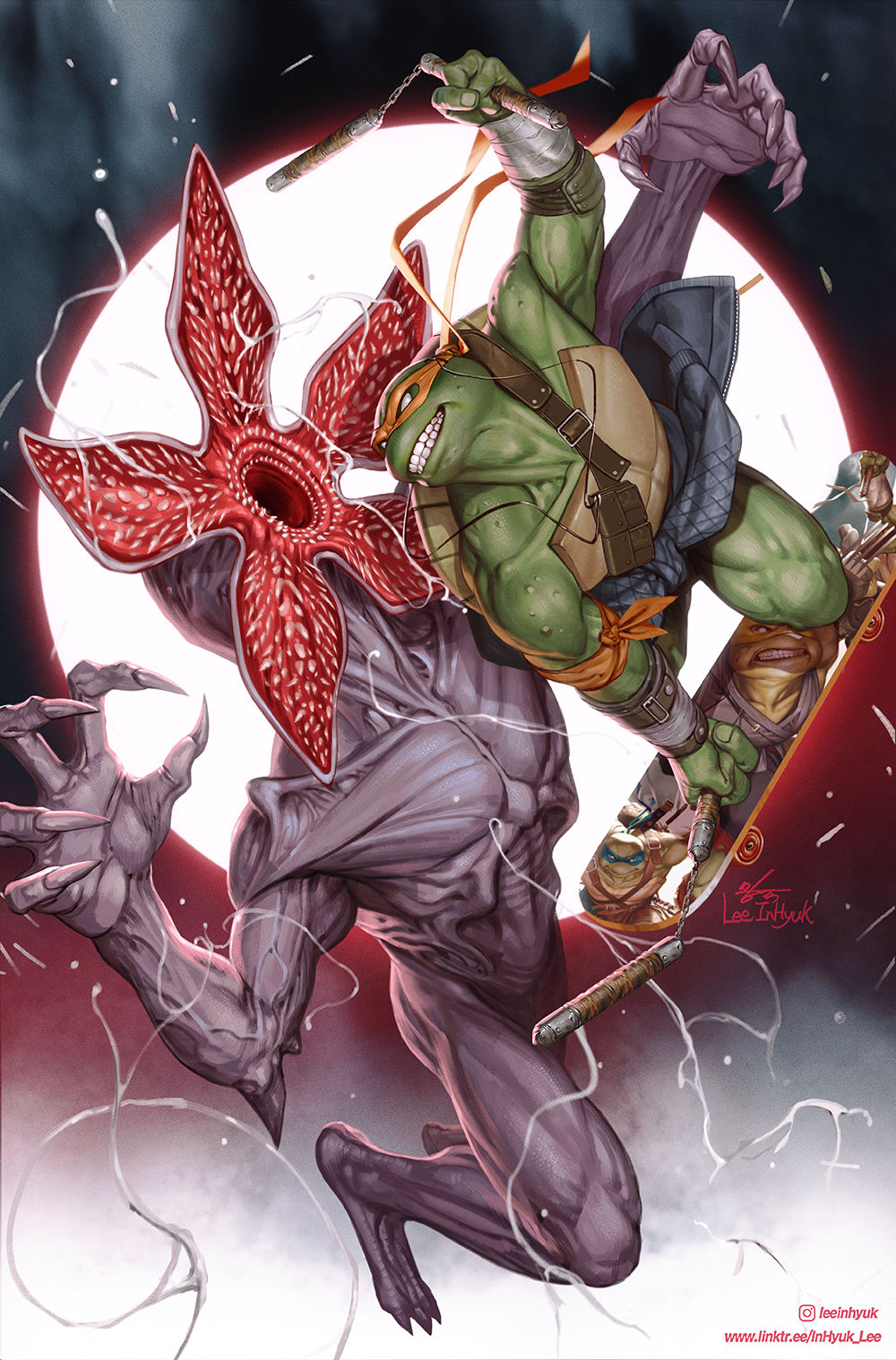 1boy armband battle comic_cover copyright_request crossover demogorgon fighting highres holding holding_nunchaku holding_weapon in-hyuk_lee jaws male_focus mask michelangelo_(tmnt) monster nunchaku official_art open_mouth orange_armband reptile_boy stranger_things teenage_mutant_ninja_turtles teenage_mutant_ninja_turtles_x_stranger_things teeth turtle weapon western_comics_(style)