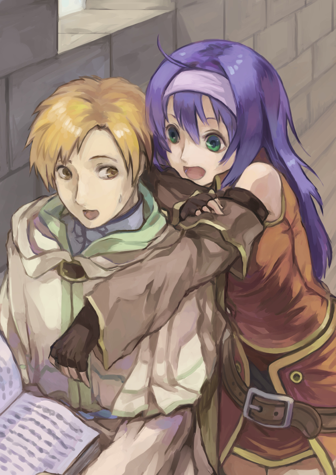 1boy 1girl ahoge bare_shoulders blue_hair book brown_hair detached_sleeves fingerless_gloves fire_emblem fire_emblem:_path_of_radiance fire_emblem:_radiant_dawn gloves green_eyes hairband headband long_hair mai_yukari mia_(fire_emblem) nintendo open_mouth purple_hair rhys_(fire_emblem) short_hair smile white_hairband