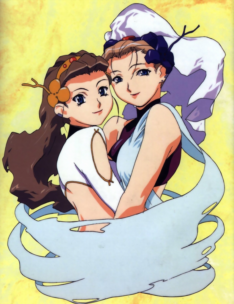 1990s_(style) 2girls back blue_eyes brown_hair comparison dual_persona earrings el_hazard hug jewelry lipstick long_hair makeup multiple_girls nakazawa_kazuto ova retro_artstyle rune_venus rune_venus_tv smile tiara time_paradox turtleneck veil yellow_background