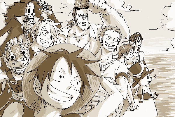 2girls 6+boys afro bad_id bad_pixiv_id bandana brook_(one_piece) brown_theme crew earrings everyone eyewear_on_head franky_(one_piece) futomaki goggles hat jewelry monkey_d._luffy monochrome multiple_boys multiple_girls nami_(one_piece) nico_robin ocean oekaki one_piece roronoa_zoro sanji_(one_piece) scar skeleton straw_hat sunglasses tony_tony_chopper usopp