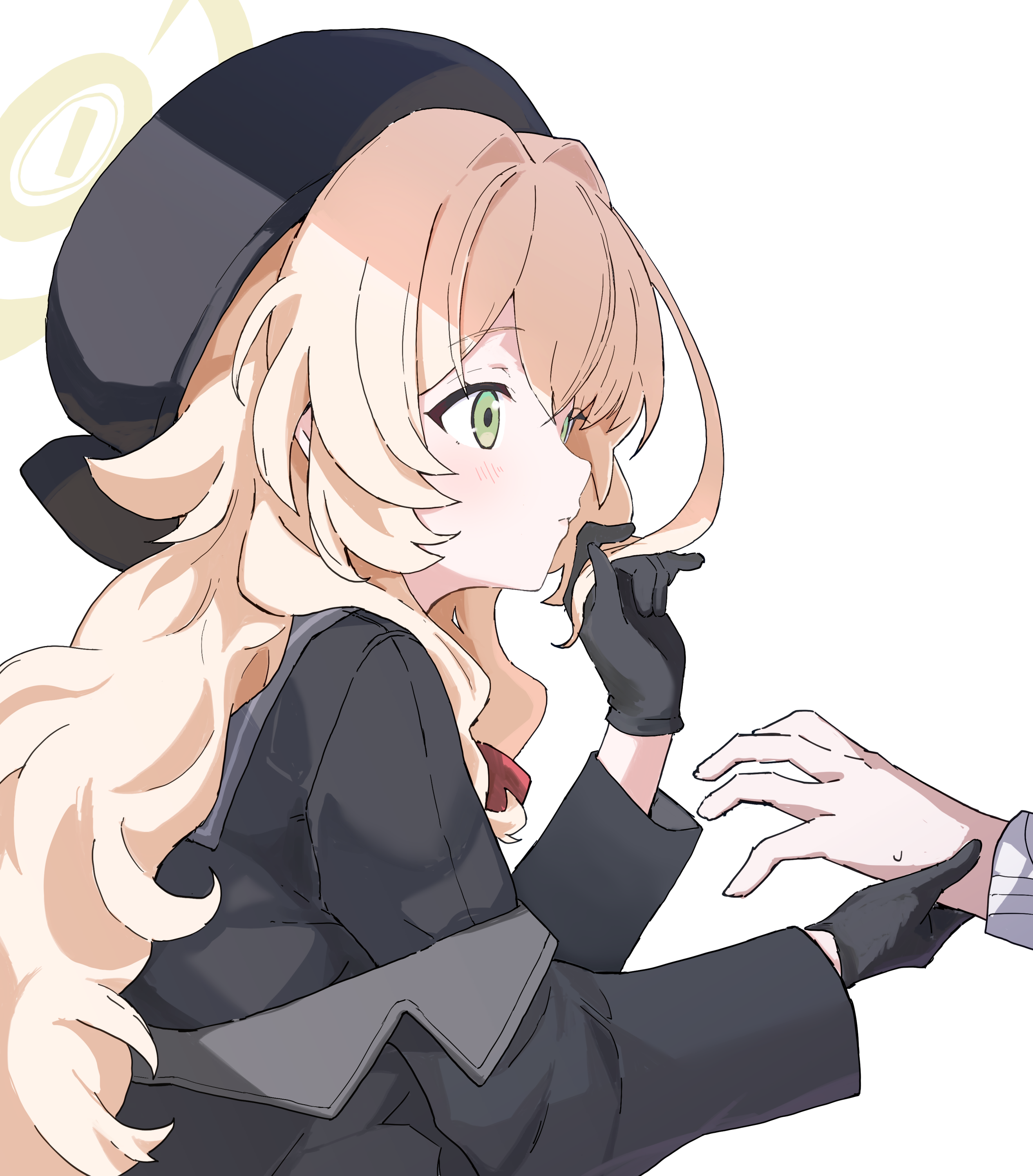 1girl absurdres black_coat black_gloves black_hat black_shirt blonde_hair blue_archive closed_mouth coat gloves green_eyes halo hat highres long_sleeves professor_niyaniya_(blue_archive) shirt simple_background solo_focus textless_version transparent_background wavy_hair yellow_halo yucblossom