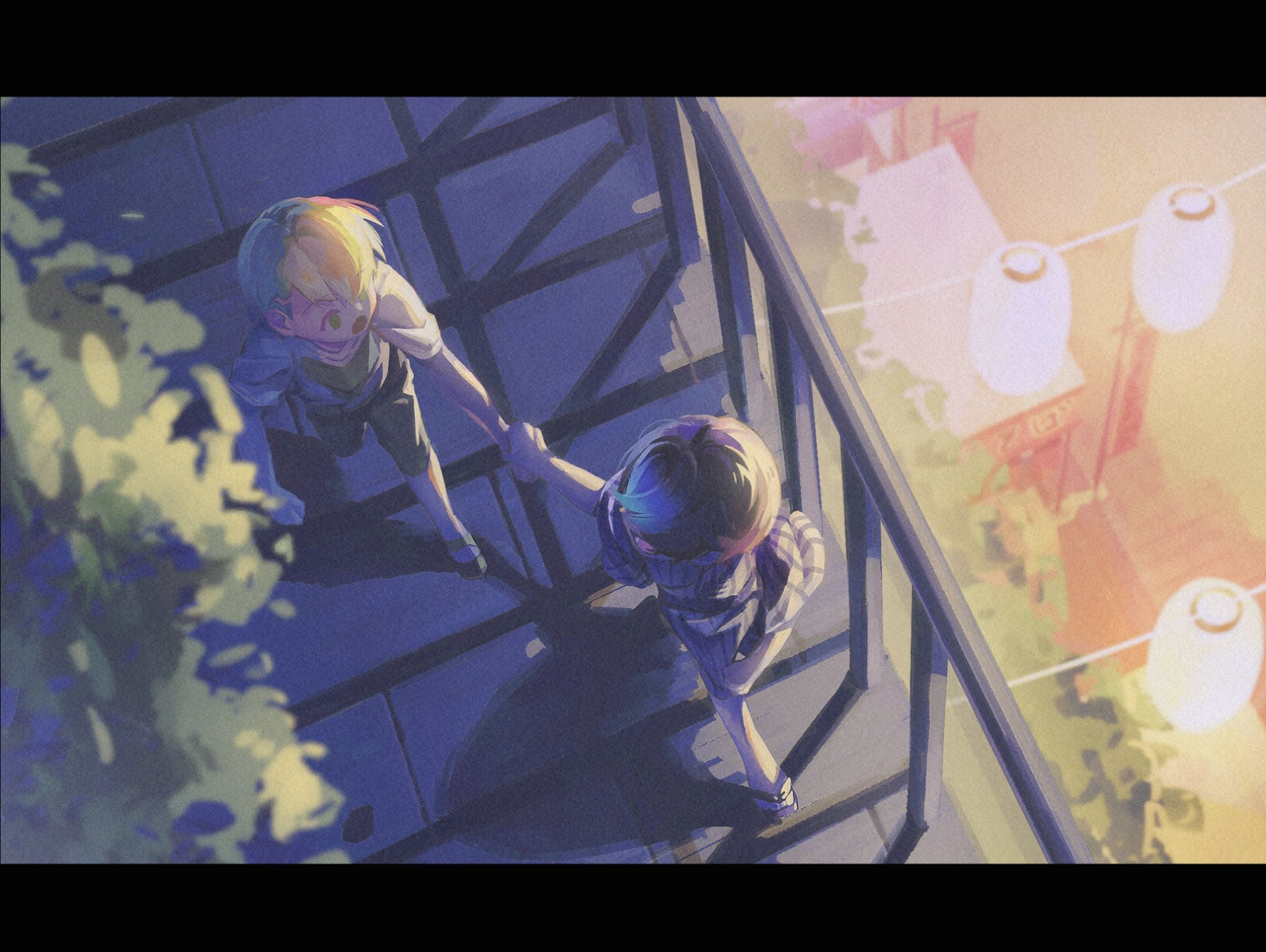 2boys black_hair blonde_hair bridge commentary digimon digimon_seekers digua92537359 highres holding_hands leon_alexander male_focus multiple_boys nagasumi_eiji outdoors shirt short_hair shorts symbol-only_commentary white_shirt